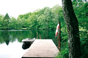 Kleiner See mit Steg und Ruderboot