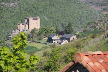 Blick auf das Ferienhaus und das Schloss