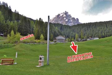 am linken Bildrand sieht man den Skiweg, der gewalzt wird; die meisten Hausgäste nutzen im Winter aber die Alternative über die Wiese, um mit Skiern zum Haus zurückzufahren. (Sommeraufnahme)